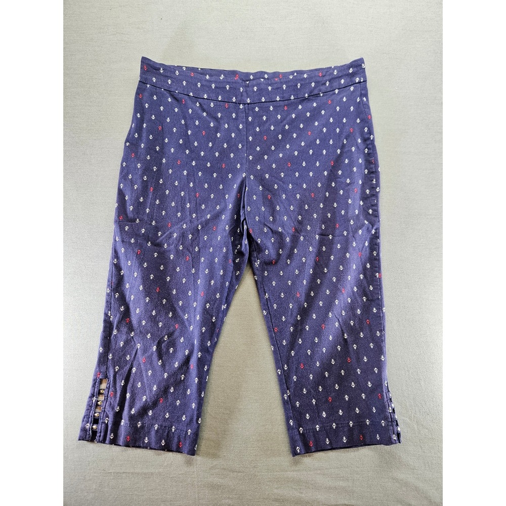 Coral Bay Womens XL Navy Blue Anchor Print Capri Pants Nautical Stretch Cropped
